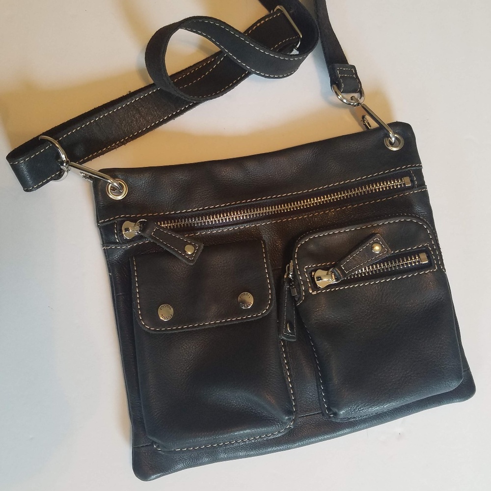Fossil Black Leather Moto Purse Handbag Adjustable